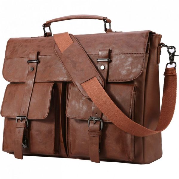 seyfocnia Bolsa de Couro Mensageiro para Laptop Marrom