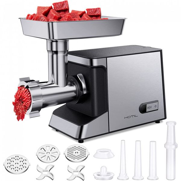 Moedor de Carne Elétrico HOTIL , 1800W Máx., 3 em 1, Aço Inox, Prata, Preto 110V