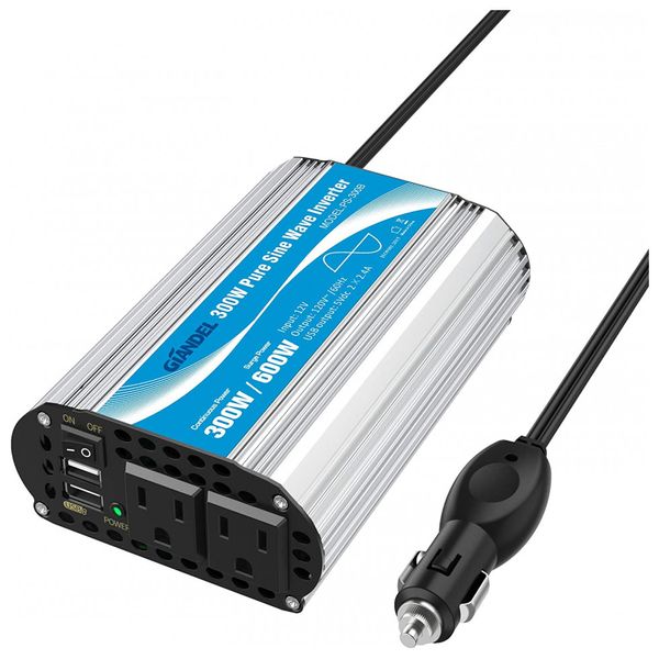 Inversor de Potência 300W 12V DC para 120V AC Saída USB, GIANDEL PS 300B CAR, Cinza