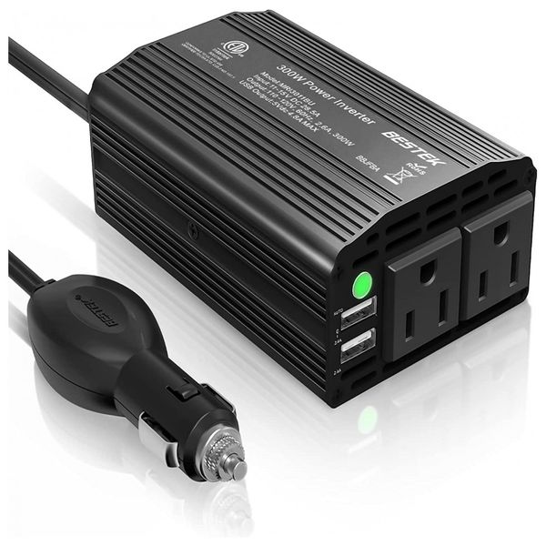 Inversor de Potência 300W 12V Para AC 2 Tomadas, USB, 110v, BESTEK, Cinza escuro