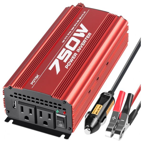 Inversor de Potência 750W DC 12V para AC 2 Tomadas, USB, 110v, POTEK 750WR, Vermelho