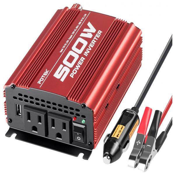 Inversor de Potência 500W DC 12V para AC 2 Tomadas AC e Porta USB, 110v, POTEK 10, Preto