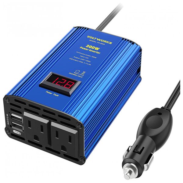 Inversor de Potência 300W DC 12V para AC 2 Tomadas, 2 USB, 110v, VOLTWORKS VK 300A, Azul Aço