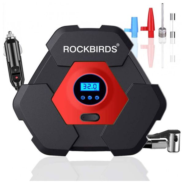 ROCKBIRDS Mini Compressor de Ar Elétrico Automotivo Portátil 12V 150 PSI Luz LED e Painel Digital