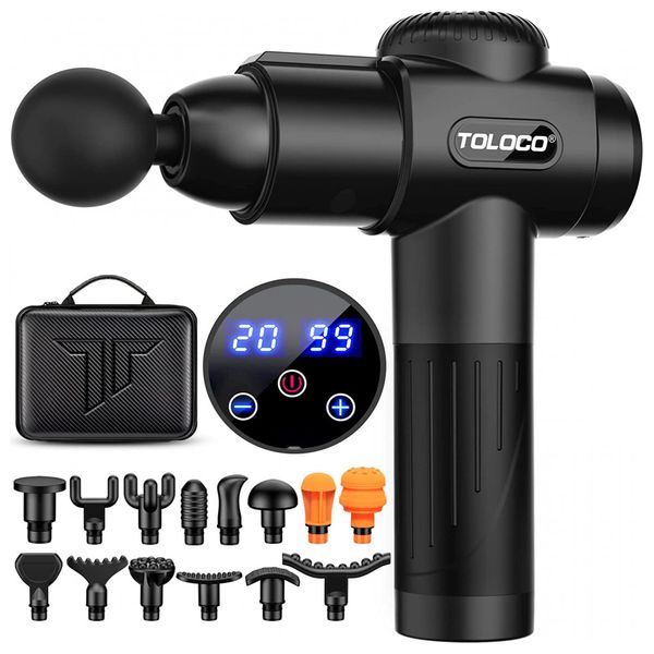 TOLOCO Massageador Pistola Elétrico Profissional Sem Fio 16 Acessórios 20 Velocidades Alça de Silicone