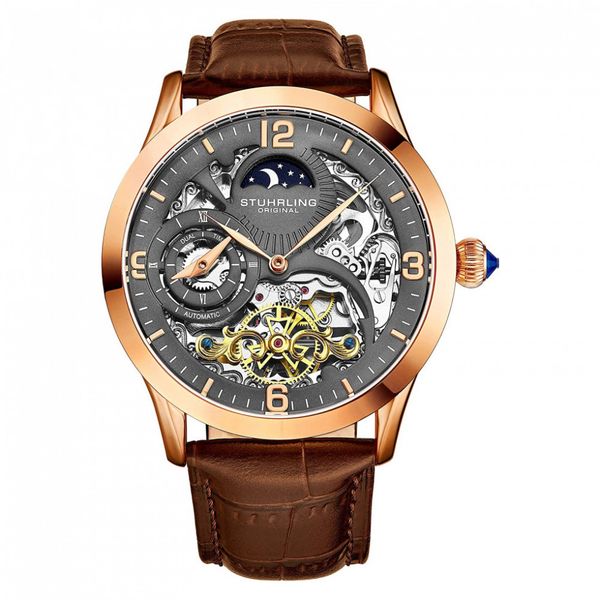 Relógio Automático Homem, Masc AM, PM Lua, Sol Couro, STUHRLING 3921.4, Dourado escuro