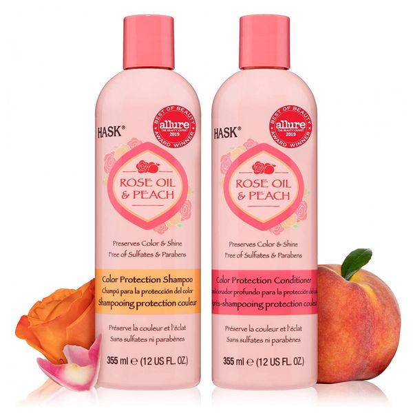 Shampoo e Condicionador Óleo de Pêssego Todos os Tipos de Cabelos Sem Glúten 355ml, HASK EXOTICS, Rosa chiclete