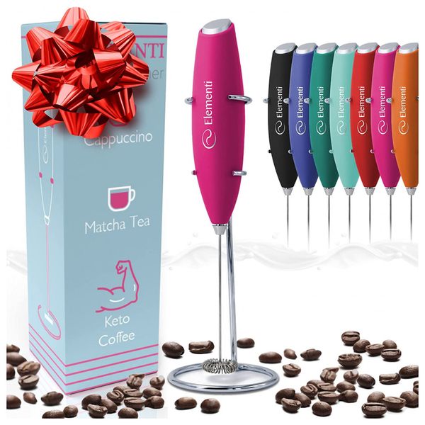 Mixer Espumador de Leite á Bateria, Aço Inoxidável, ELEMENTI, Rosa