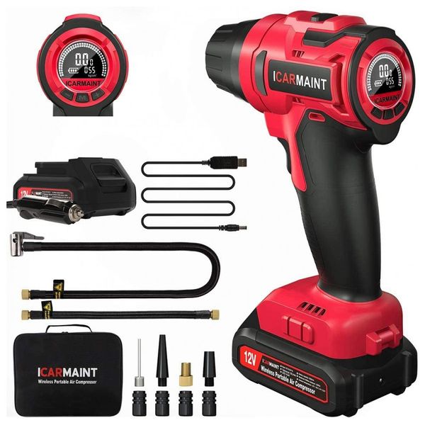 Compressor de Ar ICINT com Bateria Recarregável 20V 12V, 140PSI, ICINT, Vermelho Compressor de Ar ICINT com Bateria Recarregável 20V 12V, 140PSI, ICINT, Vermelho