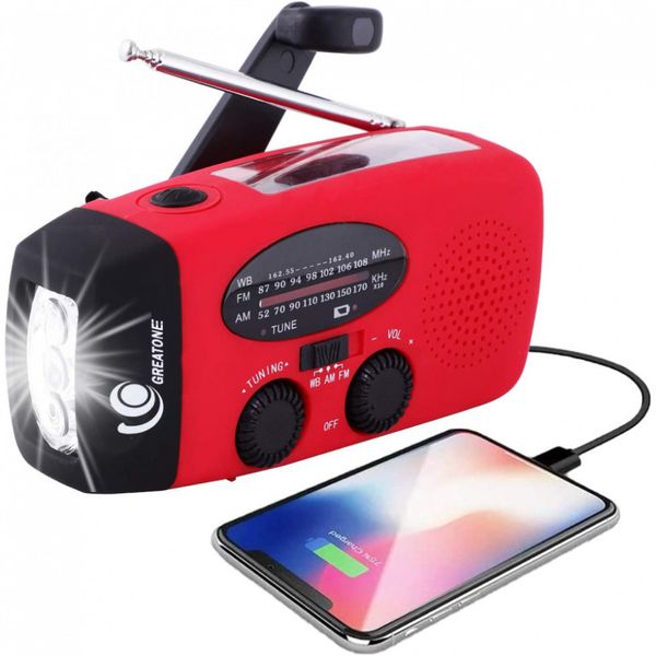 Rádio AM, FM, NOAA Meteorológico Solar Manivela Recarregável Lanterna Carregador de Celular