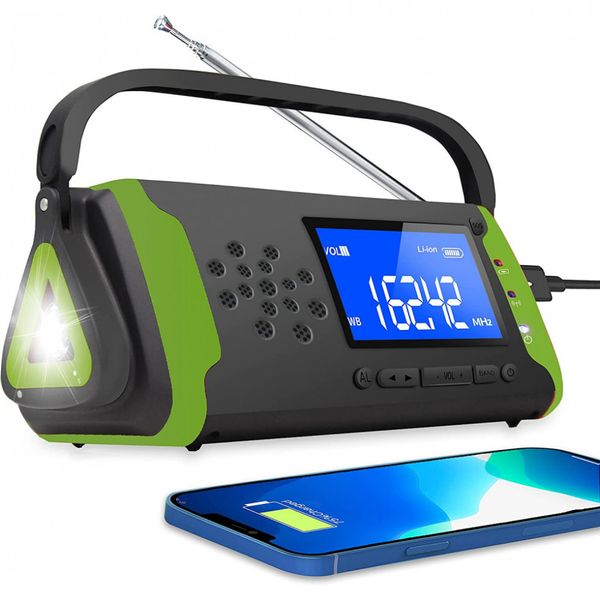 Rádio AM, FM, NOAA Manivela Solar Recarregável Carregador USB Entrada Auxiliar SOS Lanterna