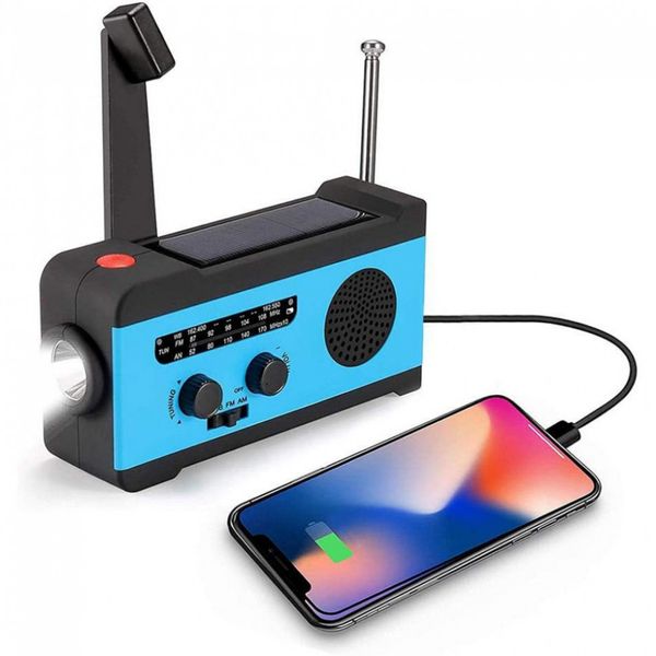 Rádio NOAA, AM, FM, WB Lanterna LED e Alarme SOS Carregador USB Recarregável Manivela e Solar