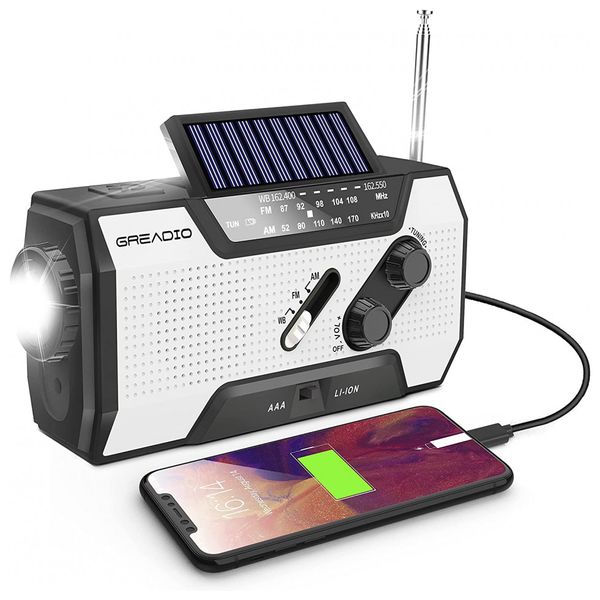 Greadio Rádio AM, FM, NOAA Recarregável Manivela Solar Carregador USB p, Celular Lanterna LED