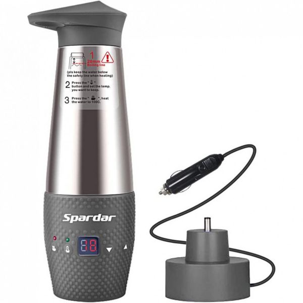 Chaleira Elétrica Temperatura no Visor LCD 12v Anti Derramamento e Vazamento 348ml Cinza