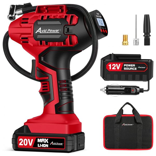 Mini Compressor de Ar Elétrico Automotivo, portátil, 20V, 12V, 100 PSI e LCD digital, AVID POWER MW110D, Vermelho