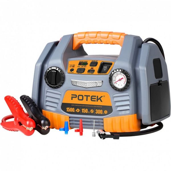 POTEK Carregador de Bateria Automotiva Portátil, 12V, 1500 picos, 7s, inversor de 300W e compressor de ar de150 PSI