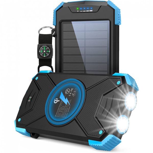 Powerbank Carregador Sem Fio 10.000mAh Bateria Externa Solar LED Bússola Vamping Praia Prova Dágua Chuva