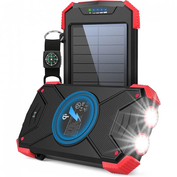 Powerbank Carregador solar, Qi Wireless Sem Fio 10.000mAh Bateria Externa Lanterna LED Bússola Chuva