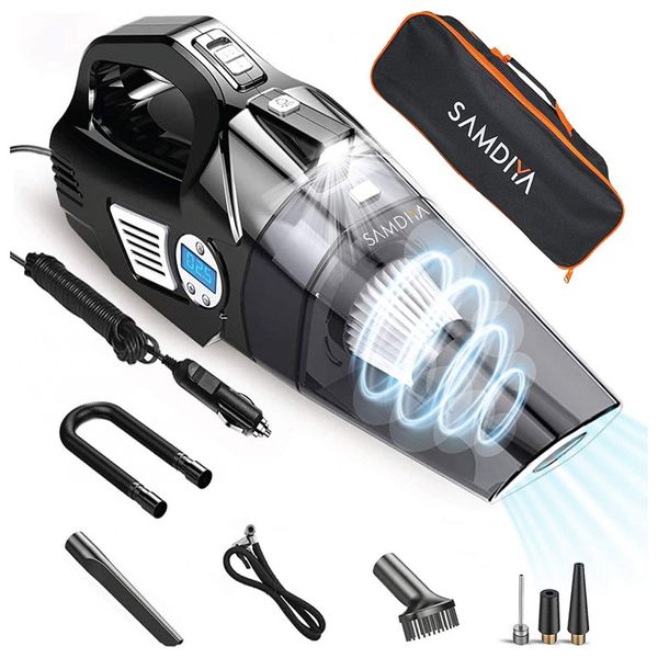 Aspirador de Pó Automotivo 12V Portátil e Recarregável com Acessórios e Estojo, SAMDIYA, Preto