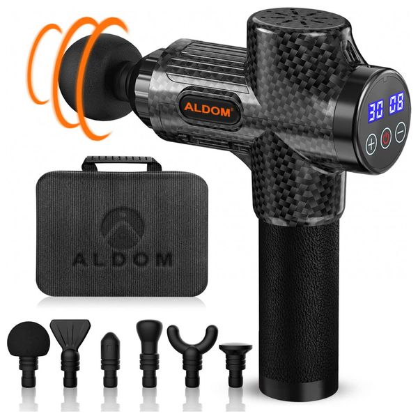 Massageador Pistola Elétrico Profissional Sem Fio 6 Acessórios 30 Velocidades 1800 4800 RPM, ALDOM, Preto