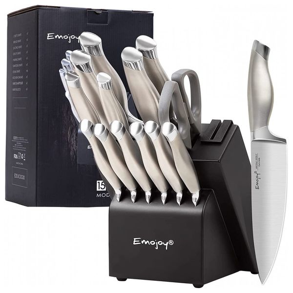Conjunto de Facas Emojoy, 16 Peças, Aço Inoxidável, Prata e Marrom Escuro