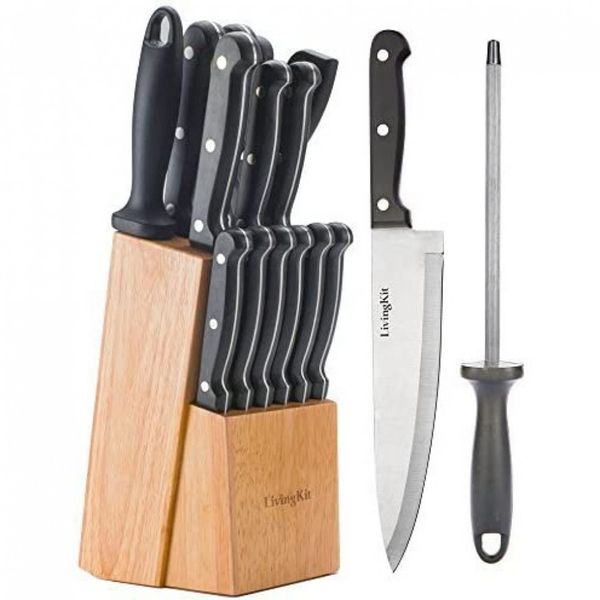 Conjunto de Facas LivingKit, Aço Inoxidável, 14 Peças, Preto e Palha