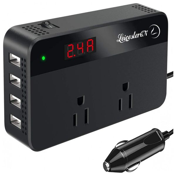 Inversor de Potência 200 W DC 12V para AC 2 Tomadas AC 4 Portas USB, 110v, LEICESTERCN, Preto