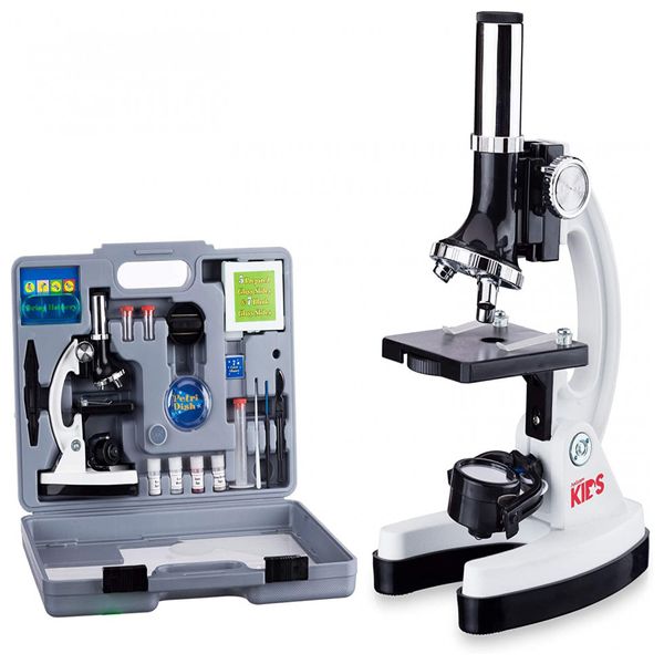 Kit Microscópio de Metal 120X 1200X 5 com Maleta de Transporte, Luz LED para Crianças, AMSCOPE M30 ABS KT2 W, Branco