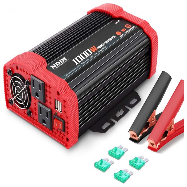 Inversor de Potência 1000W 12V DC para AC 2 Tomadas, USB, 110v, NDDI 5, Vermelho