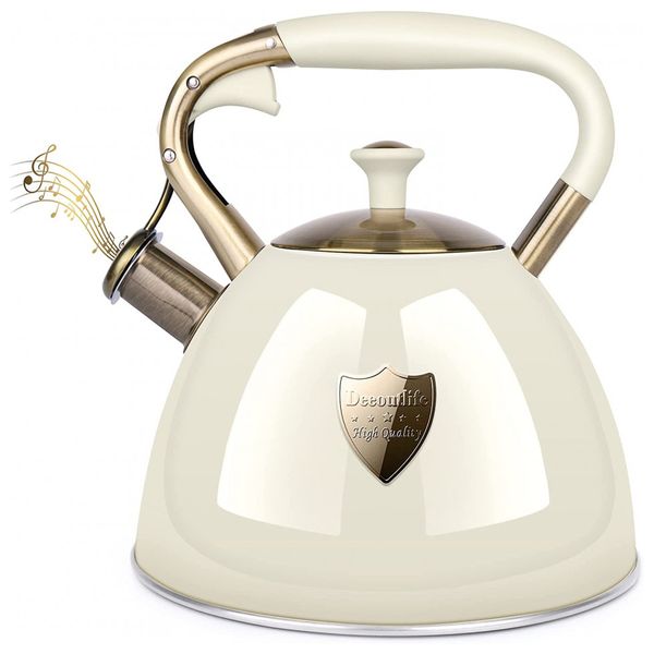 Chaleira 3L com Apito e Cabo ergonômico, Aço Inoxidável, DEEOUTLIFE, Creme