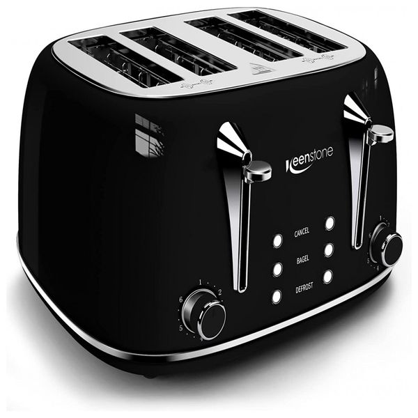 Torradeira Elétrica 4 Fatias, 6 Níveis de Tostagem, Aço Inoxidável, 1500W, 110v, KEENSTONE WT 8220, Preto