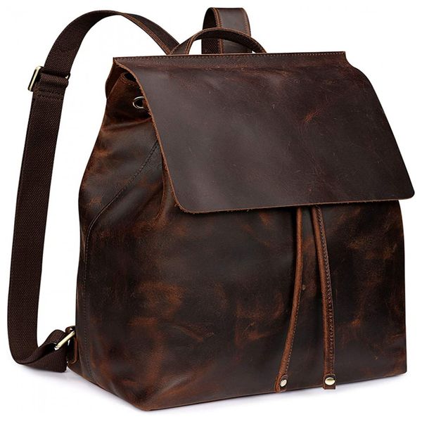 Mochila Vintage de Couro, Feminina, SZONE D10V143A, Marrom escuro