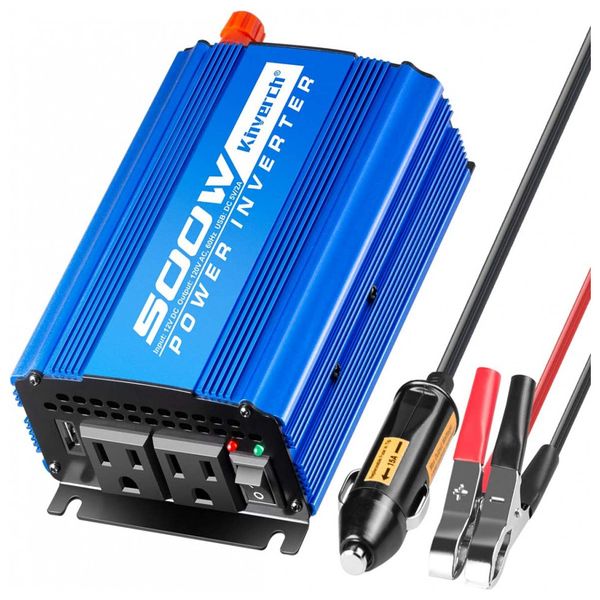 Inversor de Potência 500W 12V Para AC 2 Tomadas, USB, 110v, KINVERCH, Azul Aço
