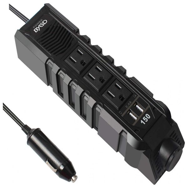 Inversor de Potência 150W DC 12V para AC Tomadas AC Adaptador de Carro USB 2.4A, 110v, BYGD, Preto