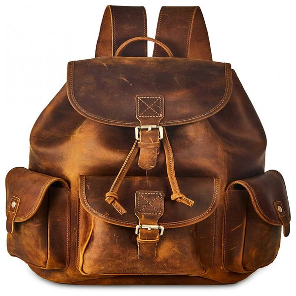 DE LATÃO Mochila Vintage de Couro Masculina, BRASS TACKS LEATHERCRAFT BTBP005, Marrom