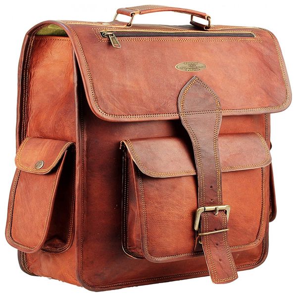 Mochila Vintage de Couro para Laptop Unissex, HULSH, Marrom