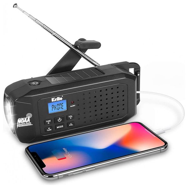 Rádio Portátil Manivela Solar e Recarregável AM, FM, SW, NOAA Lanterna Carregador USB e SOS, KELLO