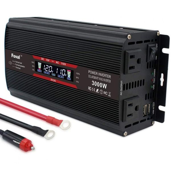 Inversor de Potência Automotivo 3000W, Display LCD Inteligente, Tomadas e USB Duplos, YINLEADER, Preto
