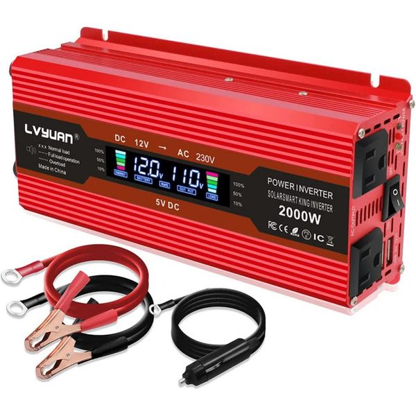 Inversor de Potência Automotivo 2000W, com Display Digital e Tomadas e USB Duplos, IPOWERBINGO 1000W inverter, Vermelho