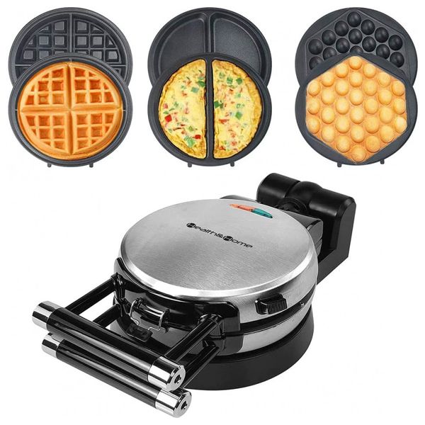 Máquina de Waffle, 3 Placas Antiaderentes, 1000W, 110v, HEALTH AND HOME, Prateado