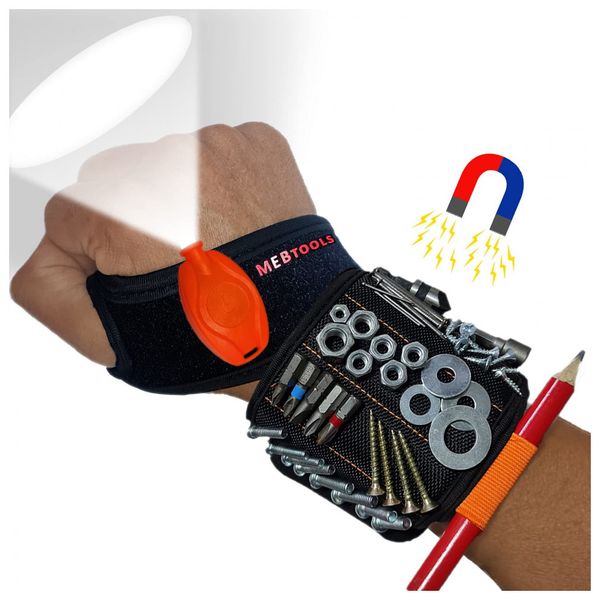 Pulseira Magnética para Pregos, Parafusos e Chaves, com LED, MEBTOOLS, Preto