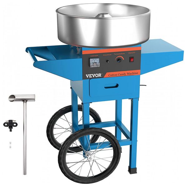 Máquina de Algodão Doce, Aço Inoxidável, 1030W, 110v, VBENLEM Cotton Candy Machine with Cart, Azul