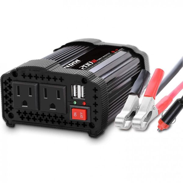 Inversor de Potência 200W 12V Para AC 2 Tomadas, USB, 110v, NDDI, Preto