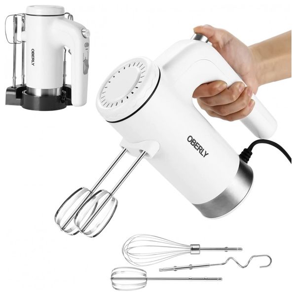 Batedeira de MãoElétrica com 5 Velocidades e Acessórios, 400W, Branca, 110v, OBERLY HM001 02, Branco