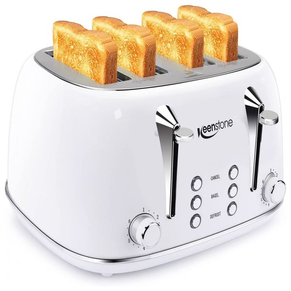 Torradeira Elétrica 2 Fatias, 6 Níveis de Tostagem, Aço Inoxidável, 1500W, 110v, KEENSTONE, Branco
