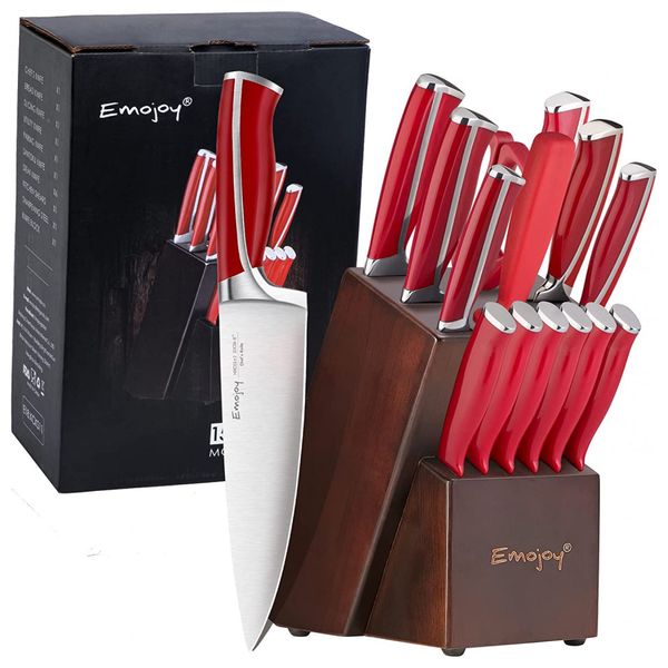 Conjunto de Facas, 15 Peças, Em Aço Inoxidável, EMOJOY, Vermelho