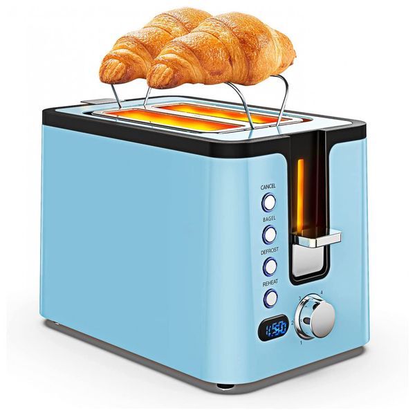 Torradeira Elétrica de 2 Fatias com 6 Níveis de Tostagem e Função Bagel, 800W, 110v, NOUNO, Azul