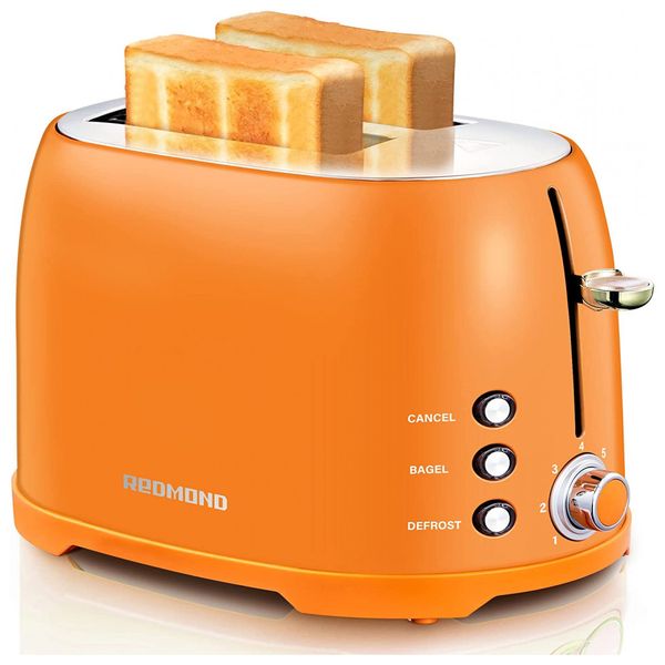 Torradeira Elétrica de 2 Fatias com 7 Níveis de Tostagem, Aço Inoxidável, 800W, 110v, REDMOND, Laranja