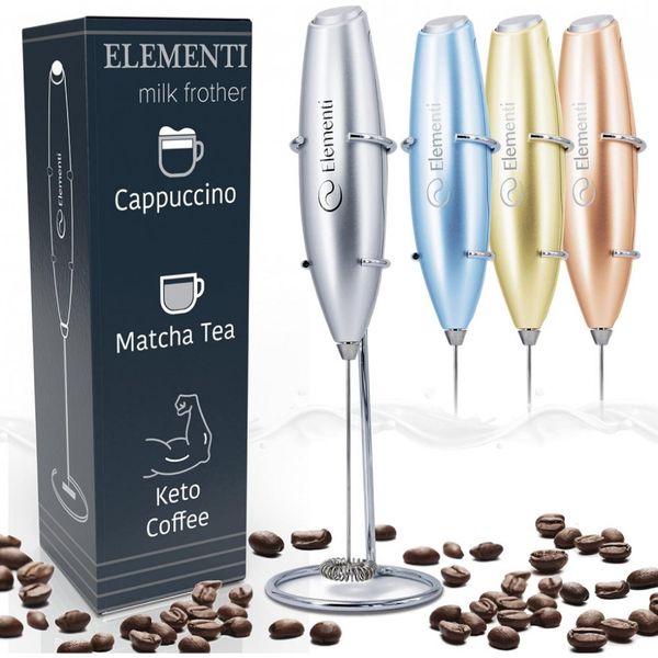 Mixer Espumador de Leite á Bateria, Aço Inoxidável, ELEMENTI, Prateado