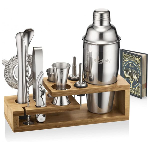 Mixology Kit Bn Profissional 10 Peças em Aço Inoxidável com Suporte e Livro de Receitas, ROCKSLY, Prateado
